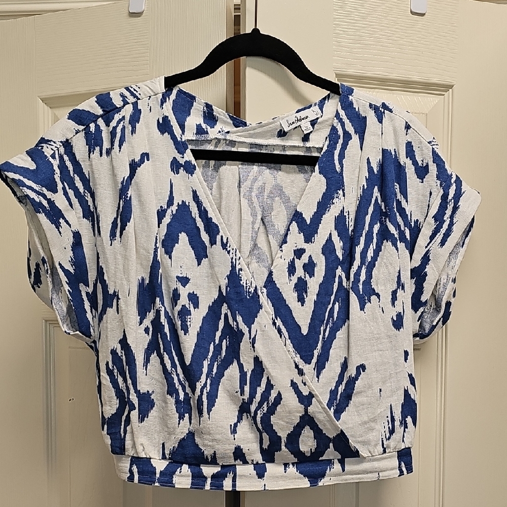 Sam Edelman Blue and White Abstract Linen Blend Top - XL